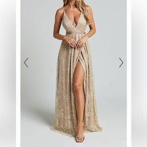 Gold Sequin Maxi Dress with V-Neck for Wedding Guest